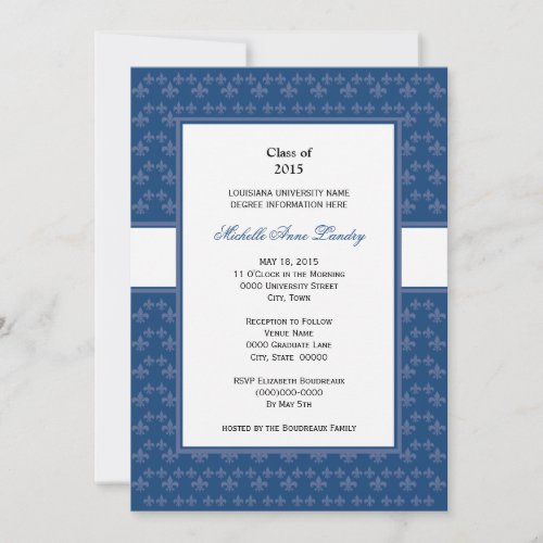 Dark Blue Fleur de Lis Graduation Personalized Invite