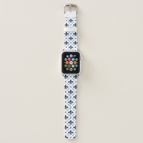 Dark blue Fleur De Lis pattern on white background Apple Watch Band