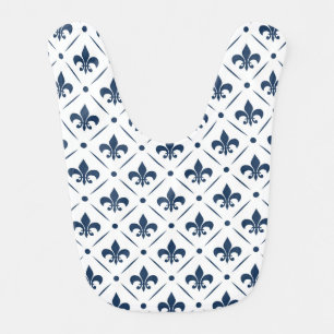 Dark blue Fleur De Lis pattern on white background Baby Bib