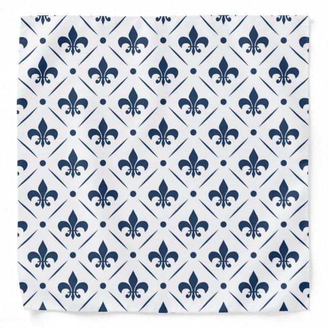 Dark blue Fleur De Lis pattern on white background Bandana (Front)
