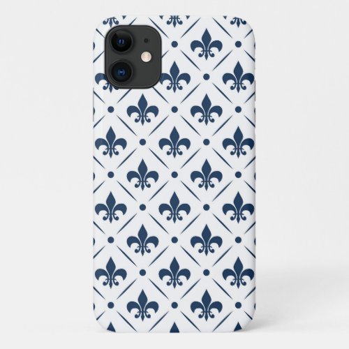 Dark blue Fleur De Lis pattern on white background iPhone 11 Case