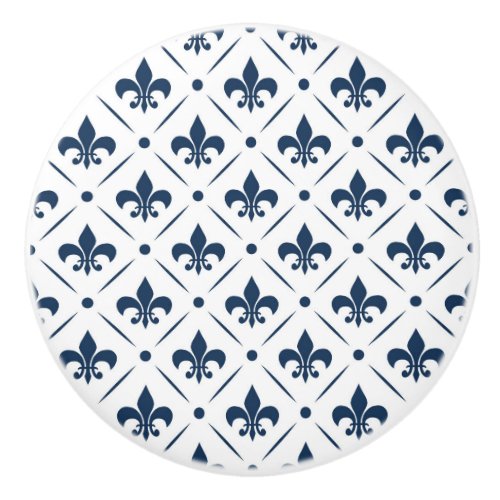 Dark blue Fleur De Lis pattern on white background Ceramic Knob