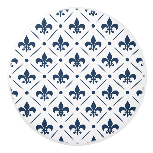 Dark blue Fleur De Lis pattern on white background Ceramic Knob (Front)