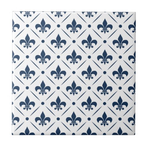 Dark blue Fleur De Lis pattern on white background Ceramic Tile