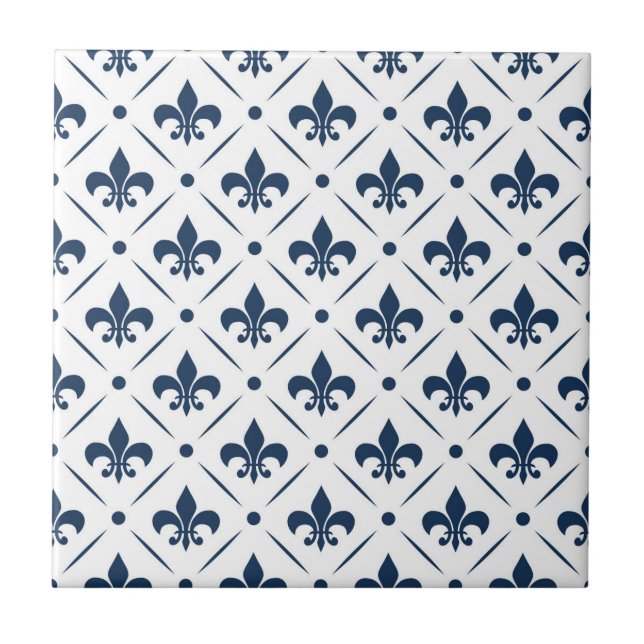 Dark blue Fleur De Lis pattern on white background Ceramic Tile (Front)