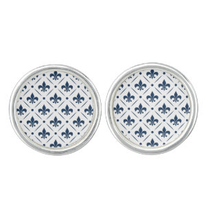 Dark blue Fleur De Lis pattern on white background Cufflinks
