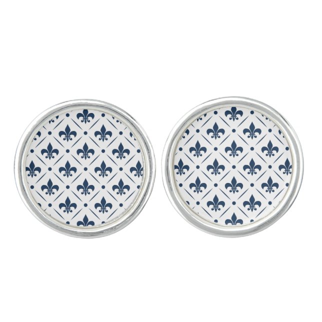 Dark blue Fleur De Lis pattern on white background Cufflinks (Front)