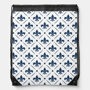 Dark blue Fleur De Lis pattern on white background Drawstring Bag