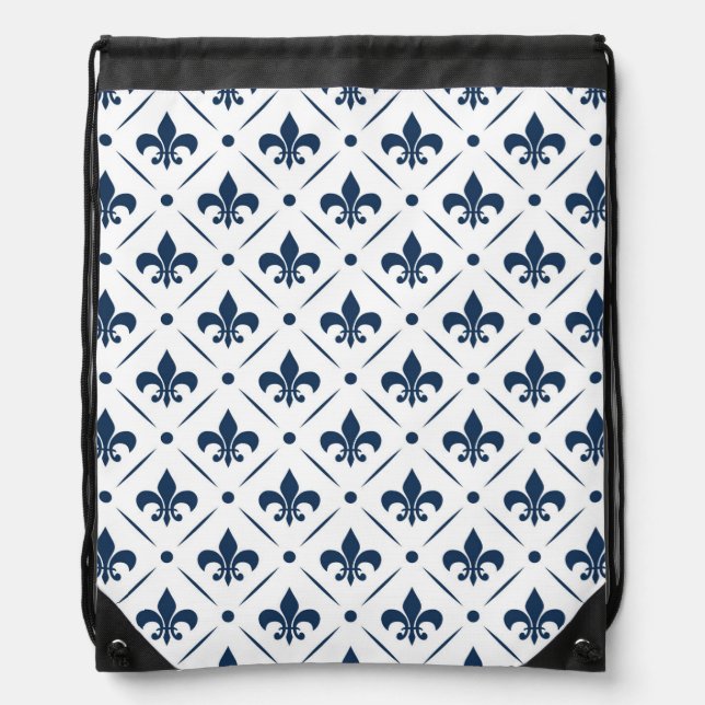 Dark blue Fleur De Lis pattern on white background Drawstring Bag (Front)