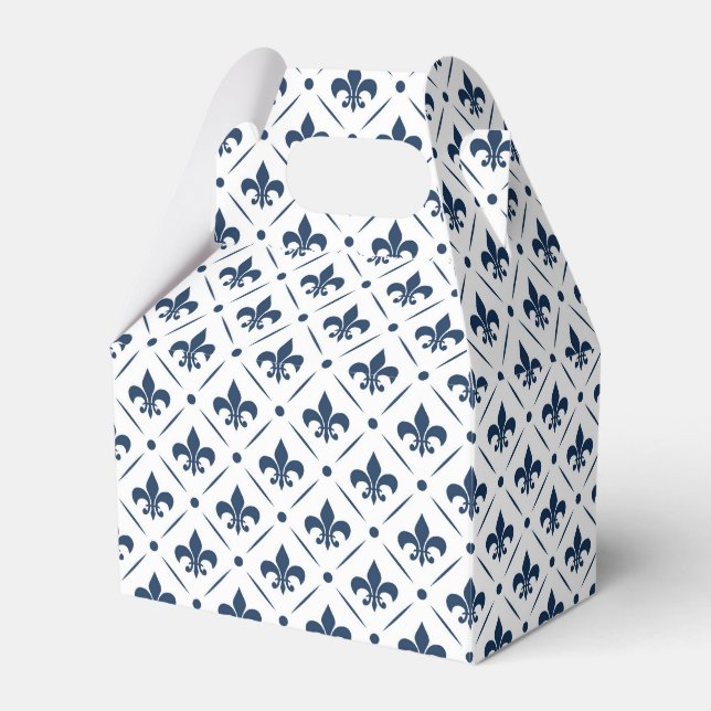 Dark blue Fleur De Lis pattern on white background Favor Boxes (Front Side)