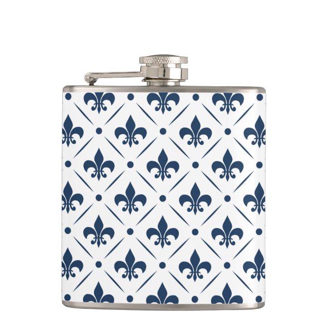 Dark blue Fleur De Lis pattern on white background Flask (Front)