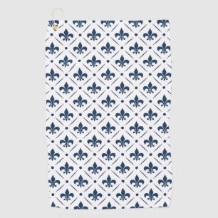Dark blue Fleur De Lis pattern on white background Golf Towel