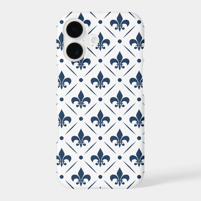 Dark blue Fleur De Lis pattern on white background Iphone Case (Back)