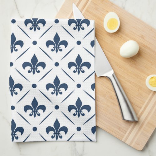 Dark blue Fleur De Lis pattern on white background Kitchen Towel