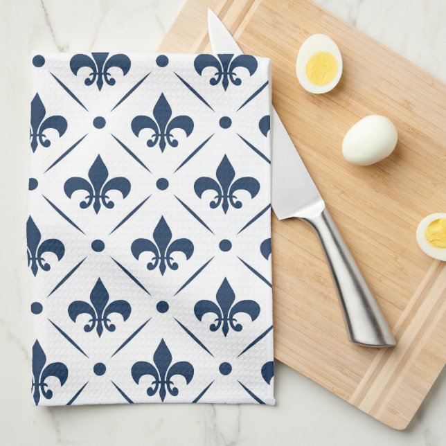 Dark blue Fleur De Lis pattern on white background Kitchen Towel (Quarter Fold)