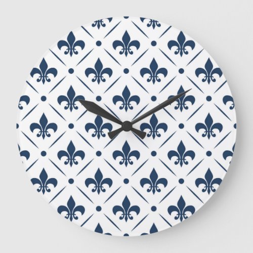 Dark blue Fleur De Lis pattern on white background Large Clock