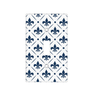 Dark blue Fleur De Lis pattern on white background Light Switch Cover
