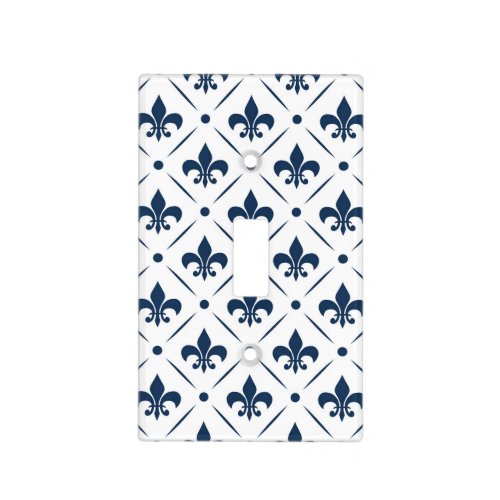 Dark blue Fleur De Lis pattern on white background Light Switch Cover