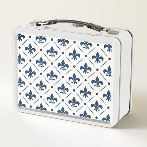 Dark blue Fleur De Lis pattern on white background Metal Lunch Box