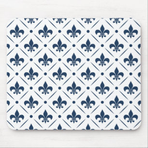 Dark blue Fleur De Lis pattern on white background Mouse Pad