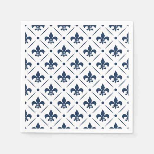 Dark blue Fleur De Lis pattern on white background Napkins