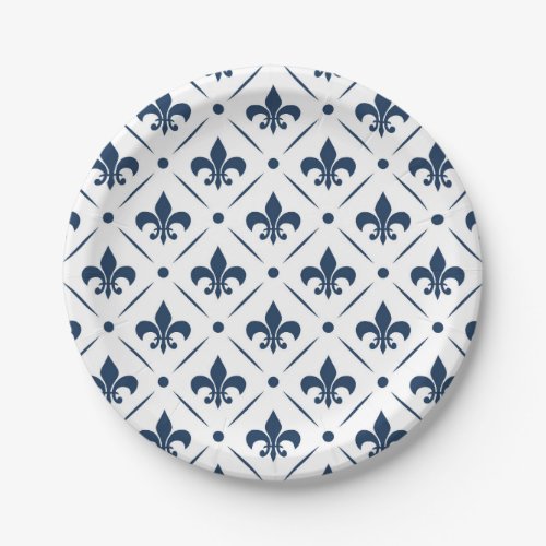 Dark blue Fleur De Lis pattern on white background Paper Plates