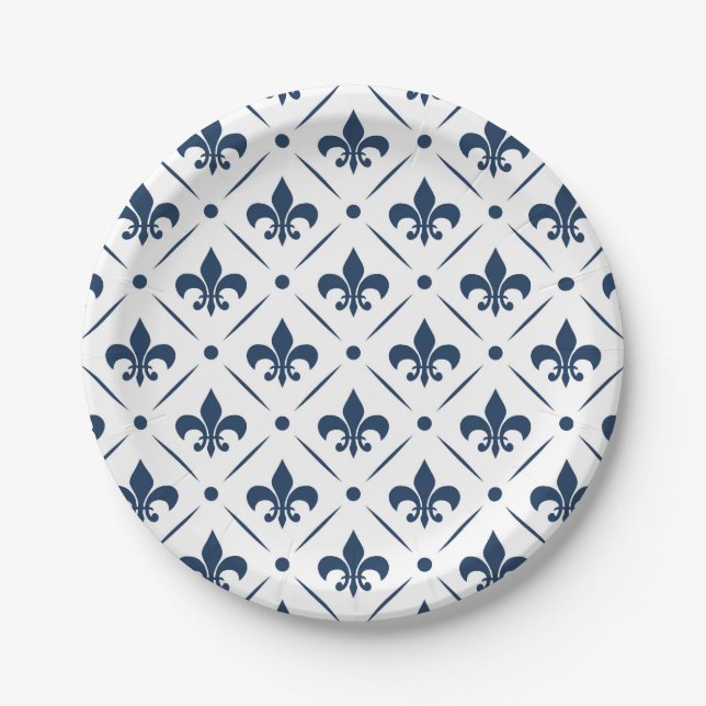 Dark blue Fleur De Lis pattern on white background Paper Plates (Front)
