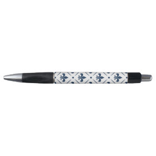 Dark blue Fleur De Lis pattern on white background Pen