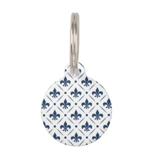 Dark blue Fleur De Lis pattern on white background Pet ID Tag