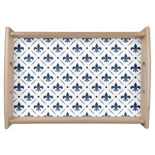 Dark blue Fleur De Lis pattern on white background Serving Tray