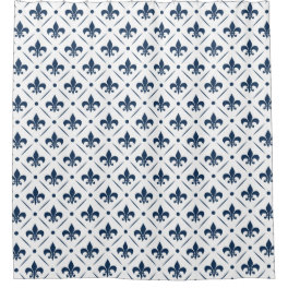 Dark blue Fleur De Lis pattern on white background Shower Curtain