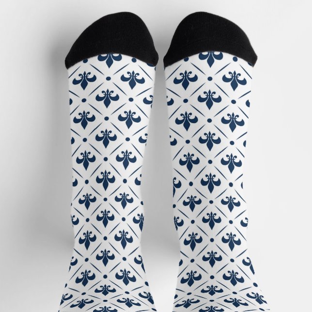Dark blue Fleur De Lis pattern on white background Socks (Top)