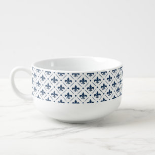 Dark blue Fleur De Lis pattern on white background Soup Mug