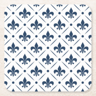 Dark blue Fleur De Lis pattern on white background Square Paper Coaster