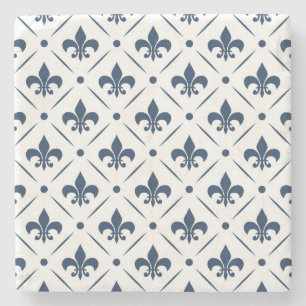 Dark blue Fleur De Lis pattern on white background Stone Coaster