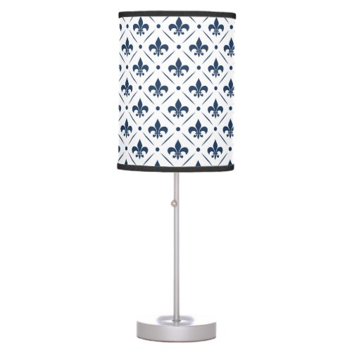 Dark blue Fleur De Lis pattern on white background Table Lamp