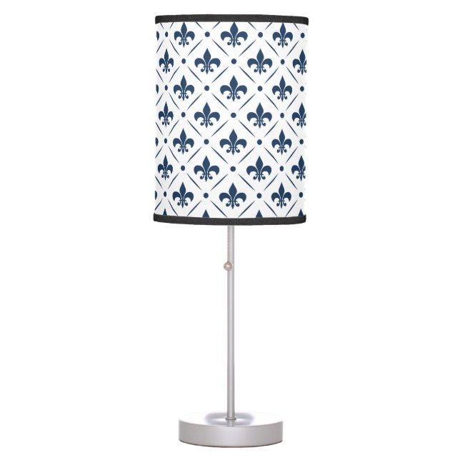 Dark blue Fleur De Lis pattern on white background Table Lamp (Front)