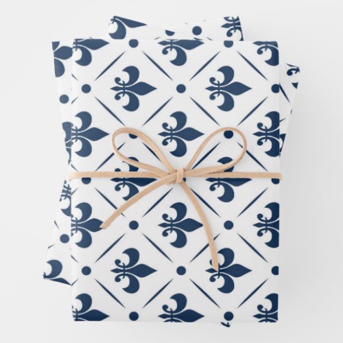 Dark blue Fleur De Lis pattern on white background Wrapping Paper Sheets