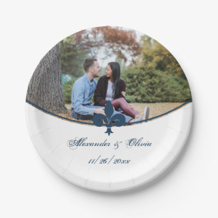 Dark Blue Fleur de Lis Photo Wedding Paper Plate