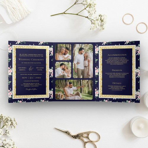 Dark Blue Floral All in One Gold Indian Wedding Tri_Fold Invitation