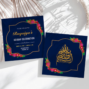 Dark Blue Floral Baby Girl Aqiqah Invitation