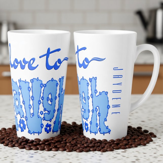 Dark Blue Floral Chunky Text Slogan With Name Latte Mug (A beautiful mix of elegant cursive script and bold, floral-detailed block lettering in blues.)