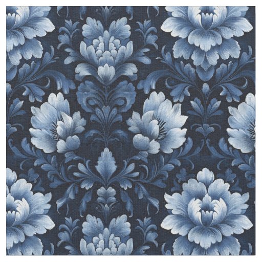 Dark Blue Floral Damask  Fabric