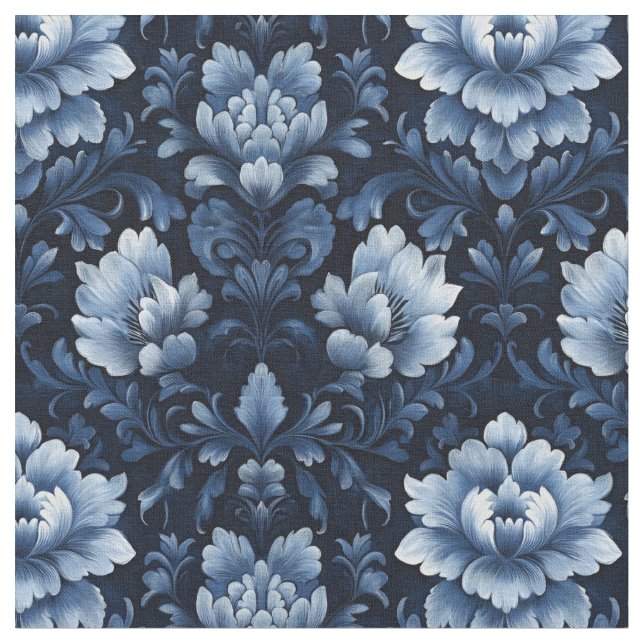 Dark Blue Floral Damask  Fabric (Close Up)