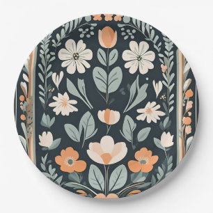 Dark Blue Floral Folk Paper Plates
