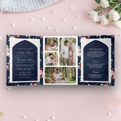 Dark Blue Floral Lace All in One Indian Wedding Tri_Fold Invitation