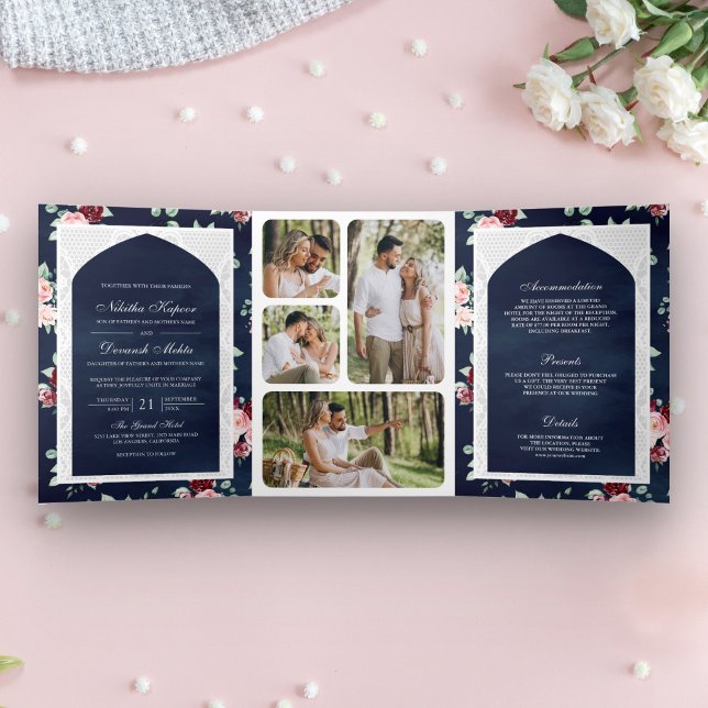 Dark Blue Floral Lace All in One Indian Wedding Tri-Fold Invitation (Creator Uploaded)