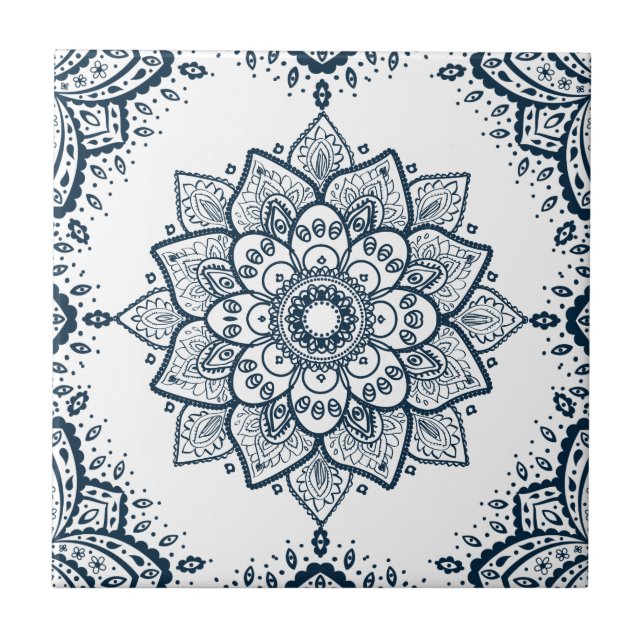 Dark Blue Floral Mandala & Frame Ceramic Tile (Front)