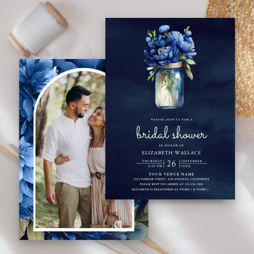 Dark Blue Floral Mason Jar Photo Bridal Shower Invitation