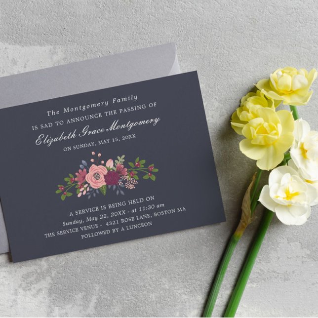 Dark Blue Floral Memorial Invitation (Creator Uploaded)